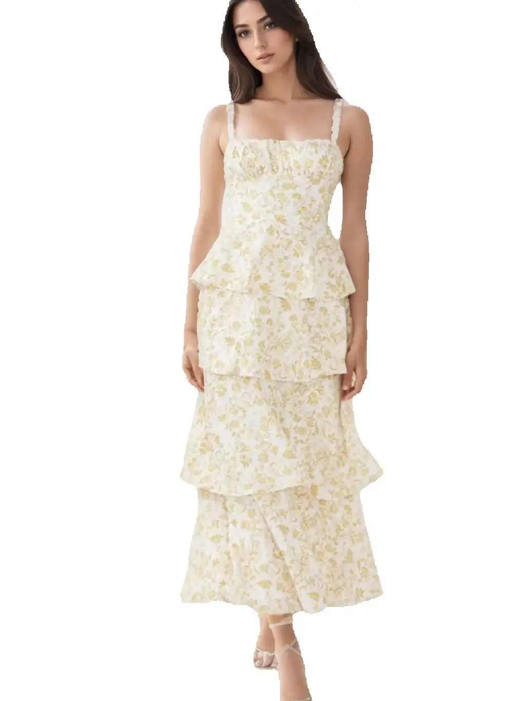 

Chic Print Spaghetti Straps Back Bow Long Summer Dress Light Yellow