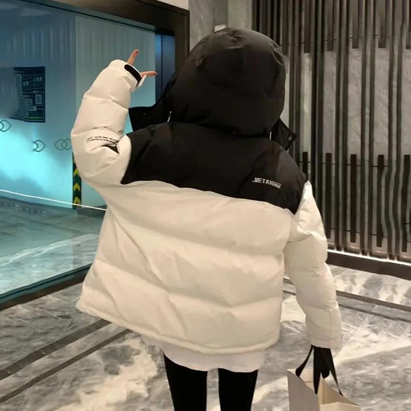 New Winter Down Cotton Jackets For Women Loose Streetwear Fashion Contrast Hooded Warm Parkas Pocket Tooling Jacket Coats