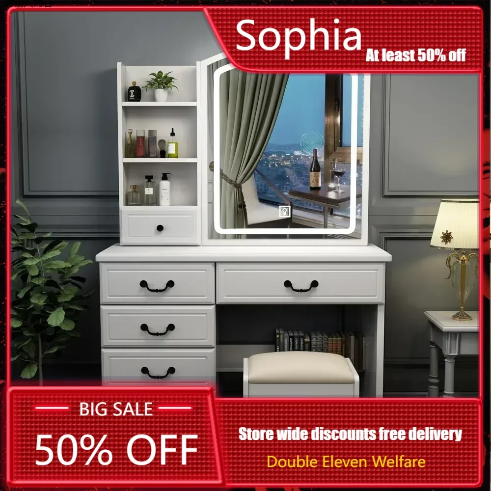 Vanity Table with Large Mirror & Adjustable Lights, Stylish Design for Bedroom,Elegant Makeup Desk Set with 6 Drawers