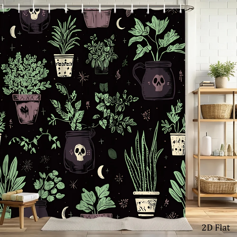 Gothic Black & Green Botanical Skull Shower Curtain - Large 70.8x70.8 Inch -Free Bathroom Window Cover, Easy-Clean with 12 Hooks