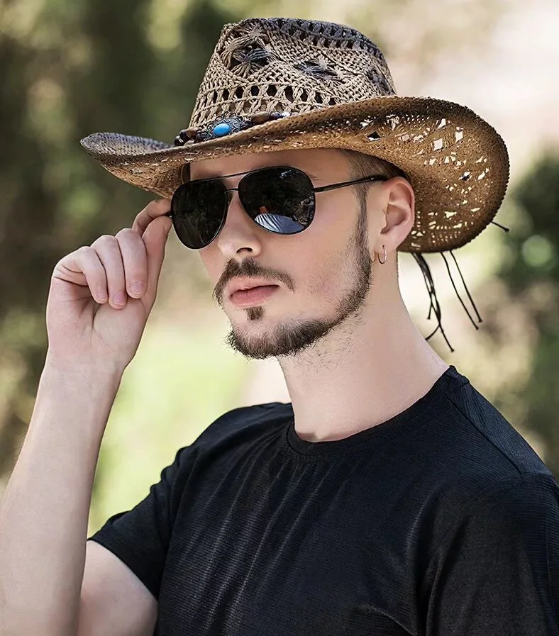

Straw Hat Women Men Summer Handmade Vintage Hollow Western brim Sun Protection Fisherman Mountaineering Bohemian Chain Jewel