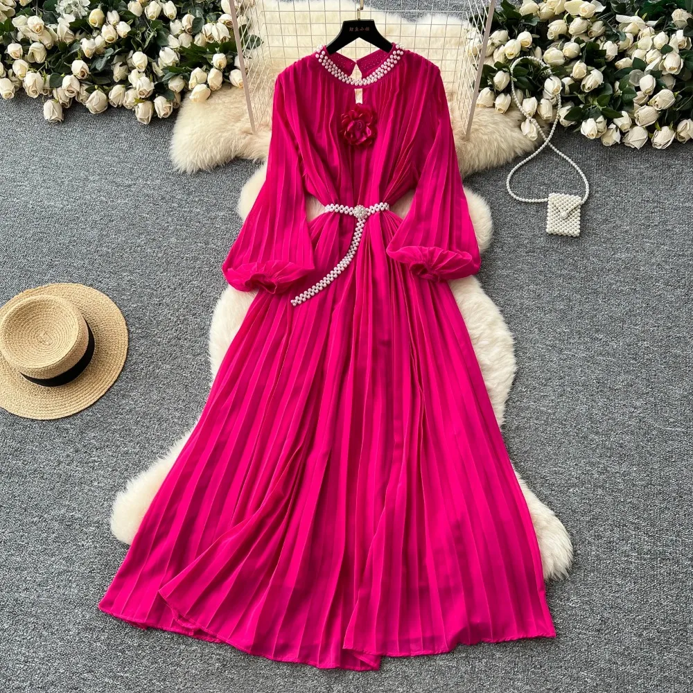 Image of Vintage Elegante aushöhlen Perlen Chiffon Kleid A-Linie Strand Urlaub Midi Kleid Frauen Mode Frühling Vestidos