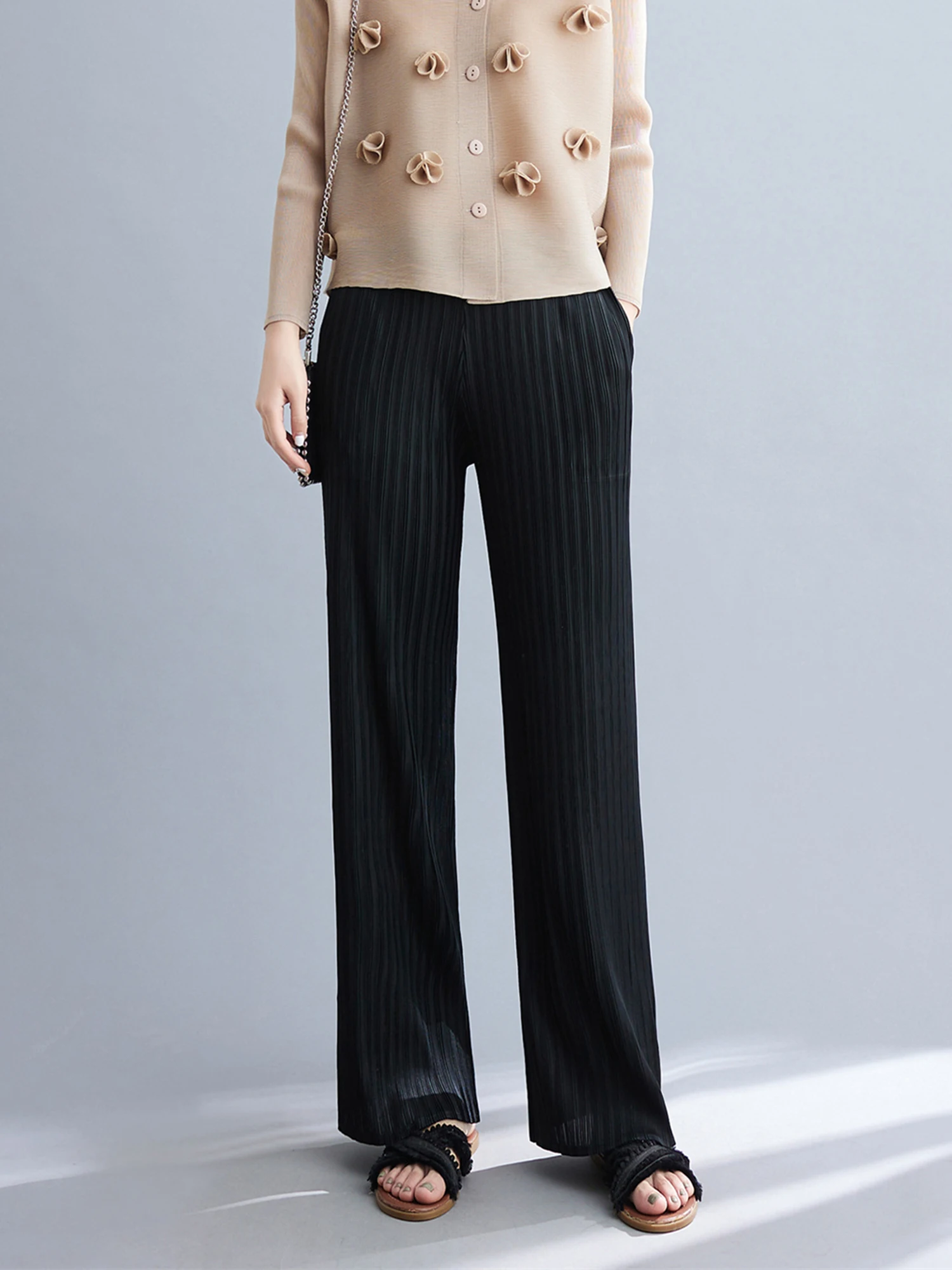 

Женские брюки с высокой талией и широкими штанинами, прямого кроя, драпированные, весна-лето, новый стиль, повседневные, однотонные, плиссированные, из полиэфирного волокна