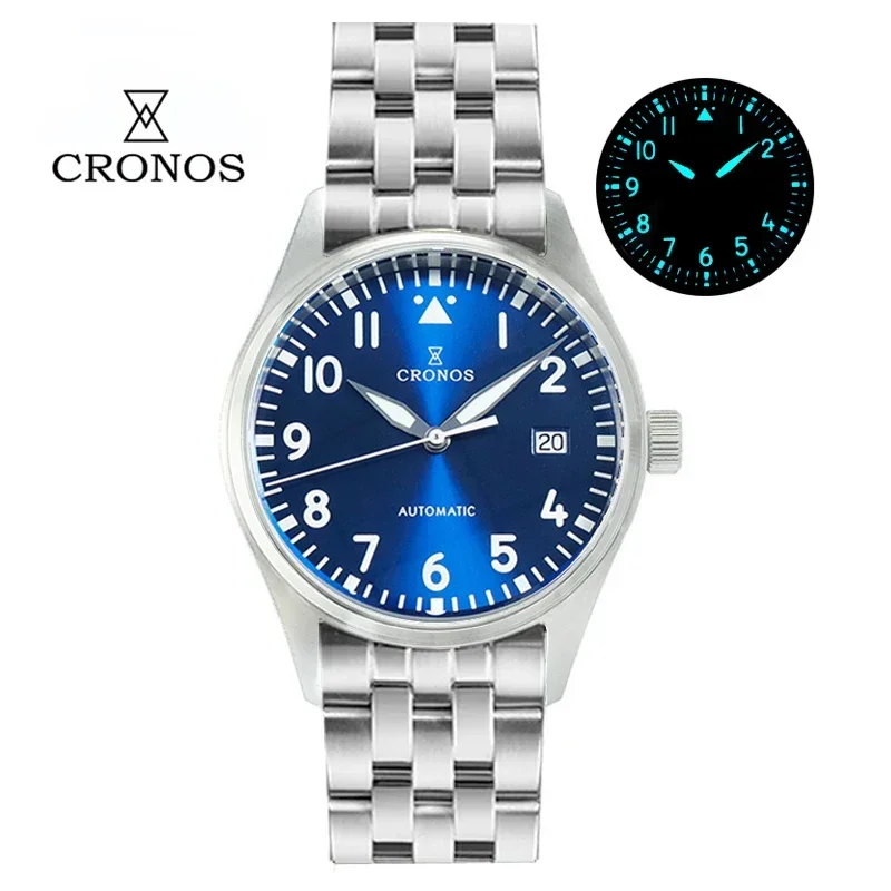 Cronos 39mm Watch For Men Pilot Flieger SW200 Movement Mechanical   BGW-9 Super Lum Domed Sapphire Crystal 100M Waterproof L6012