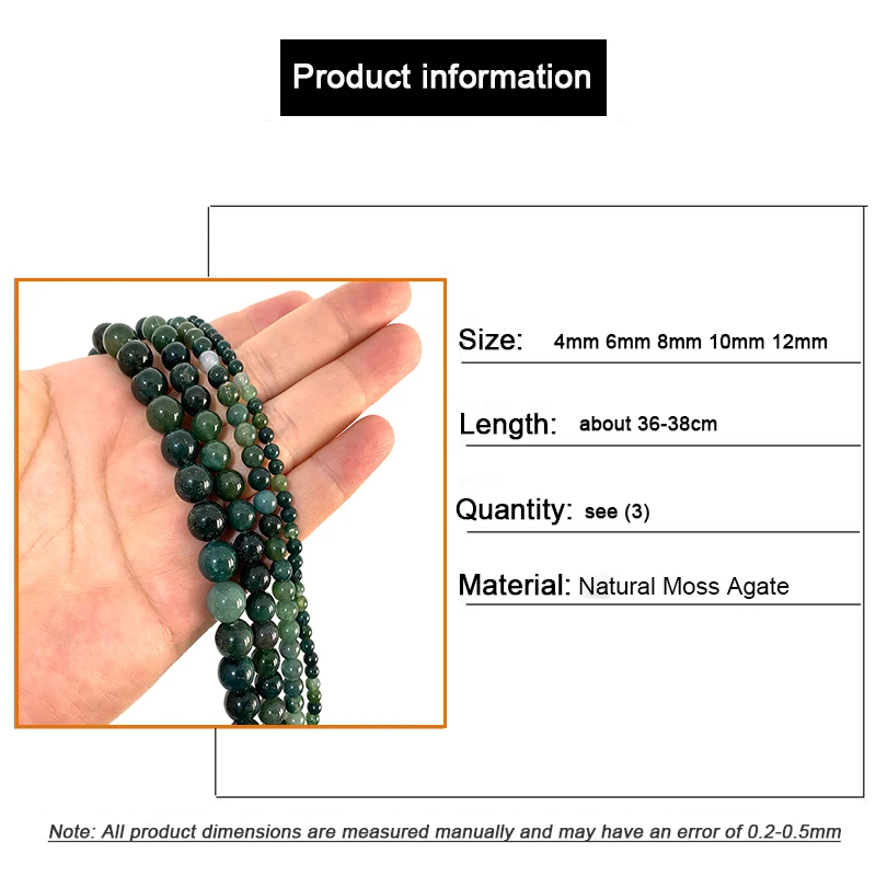 AAA Natural Moss Agate Stone Beads Loose Smooth Round Gemstone For Jewelry Making DIY Bracelet Earrings Accessories 4-12MM 15\'\'