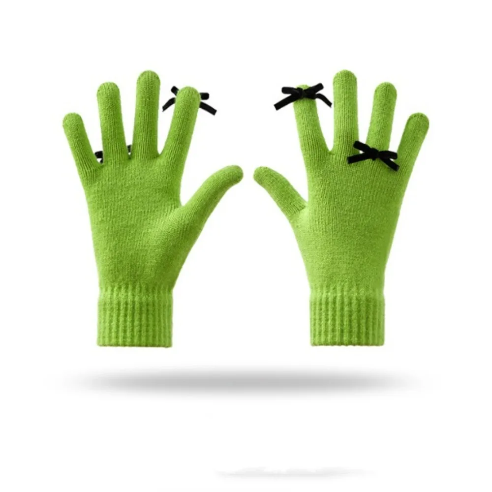 Fashion Candy Color Bowknot Knitted Gloves Warm Plush Winter Velvet Gloves Windproof Wool Women Cycling Mittens Students