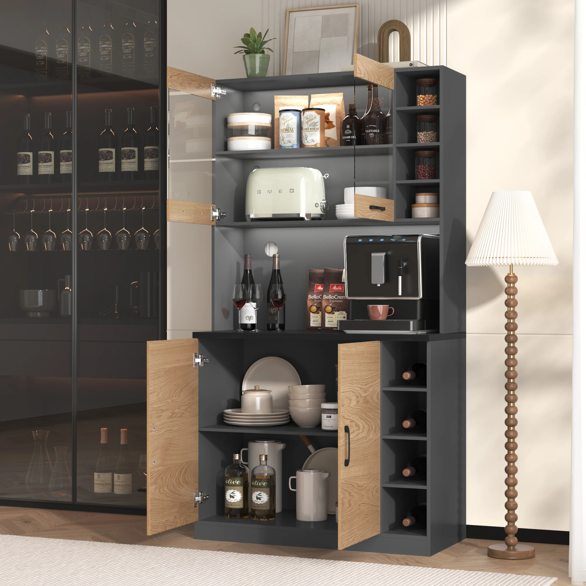 Buffet LED et niche micro-ondes - rangements réglables, passe-câbles, MDF gris et naturel 100 × 47 × 187 cm