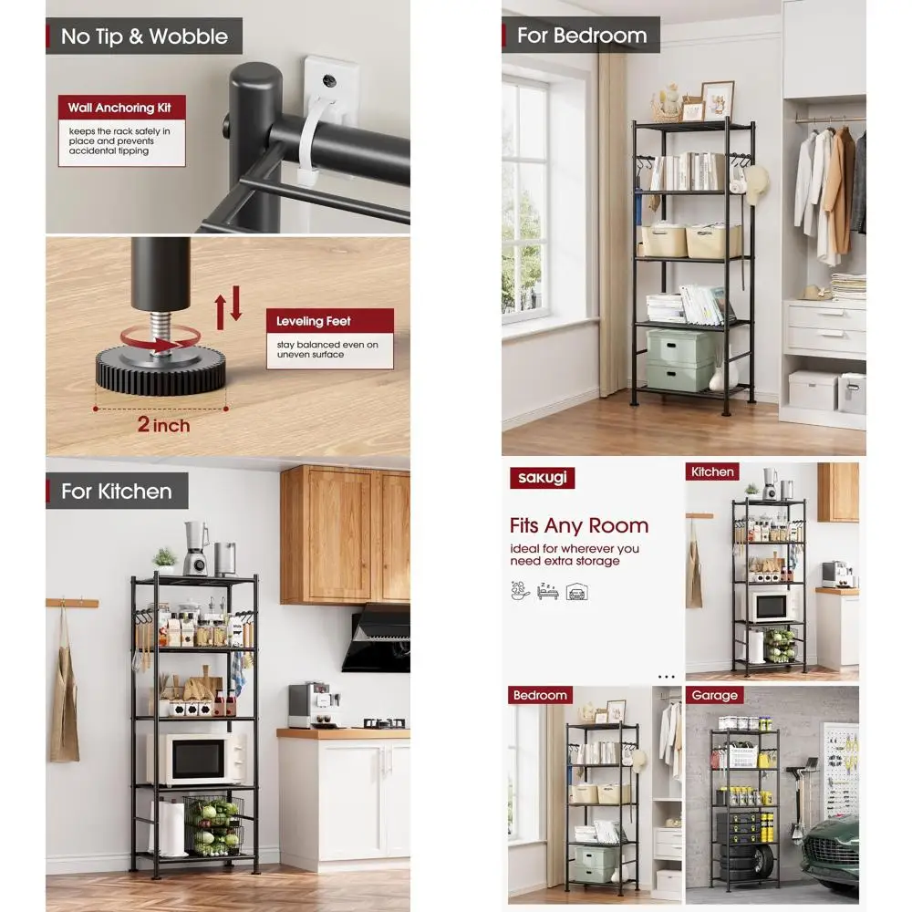 

5-Tier Heavy-Duty Shelving Unit with Hooks, Large Capacity Organizer for Home and Garage, 18.1×12.4×56.8, Black