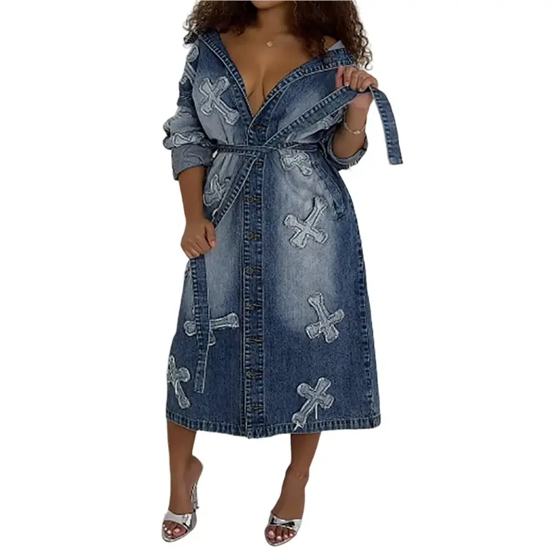 

Женская джинсовая куртка в стиле Y2K с нашивками и поясом, модный джинсовый тренчкот, синий, размер M