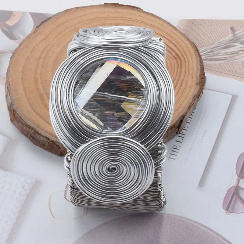 Exaggerated Metal Wire Winding Cuff Bangles Big Brown Rhinestone Heavy Metal Bracelet For Women Personality Jewelry Gifts