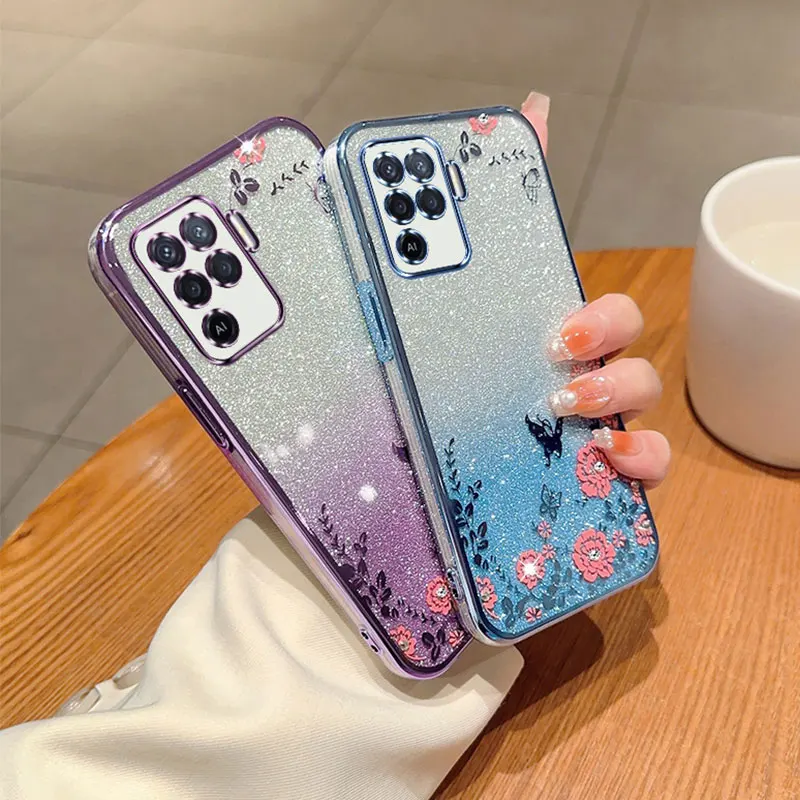 A94 4G Shiny Diamond Case,Luxury Flower Plating Case For OPPO A94 A74 A54 A93 F19 F17 Pro Reno 7 6 5 Lite F 10 Cover For women