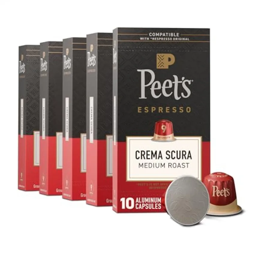 Peet's Coffee Espresso Capsules Compatible with Nespresso Original Machine 100% Arabica Coffee - Intensity 9 50 5 Boxes of Espr