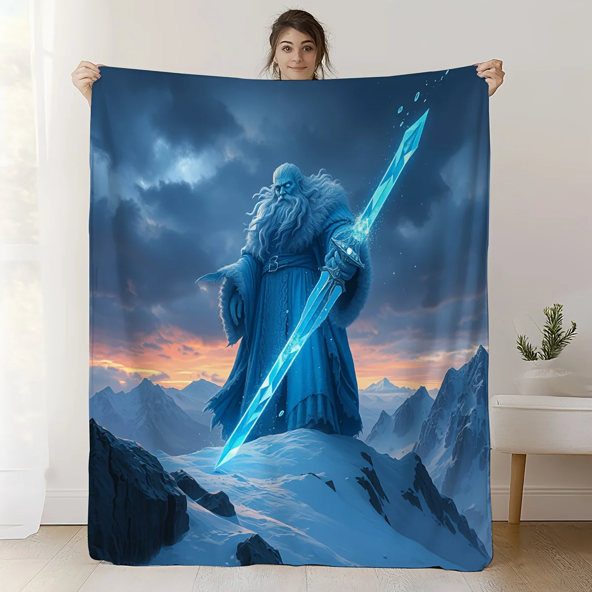 1pc Winter Fantasy Blanket - Ice Giant & Glowing Blue Sword Design in Cool Blue Tones - Extra Large Flannel Throw for Bed, Sofa,