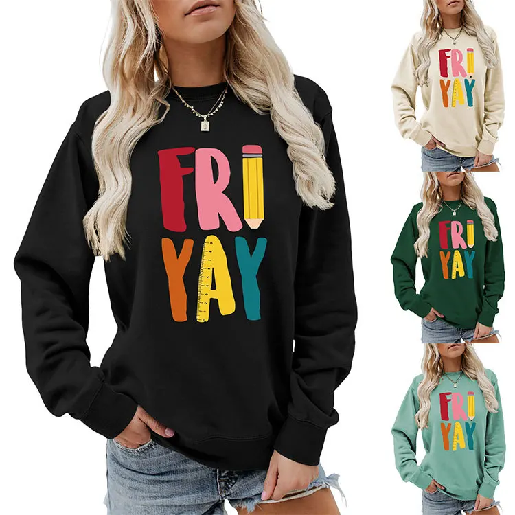 Autumn and winter new long-sleeved T-shirt hoodie fri yay printed casual loose fashion crew-neck top all match women's pullover