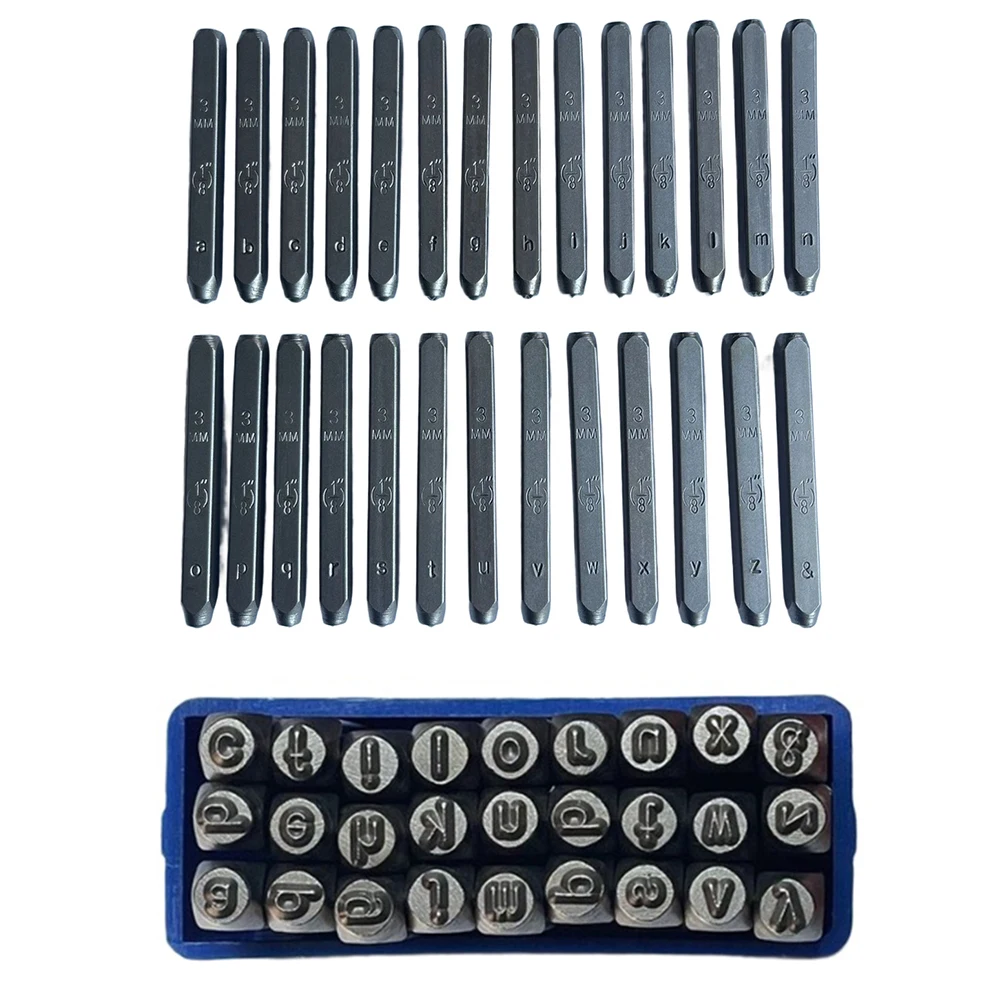 مجموعة ختم من الفولاذ الكربوني مكونة من 27 قطعة للمشروعات المعدنية والجلدية التي تتميز بأرقام الحروف وحزام العنق مع حقيبة حمل صلبة