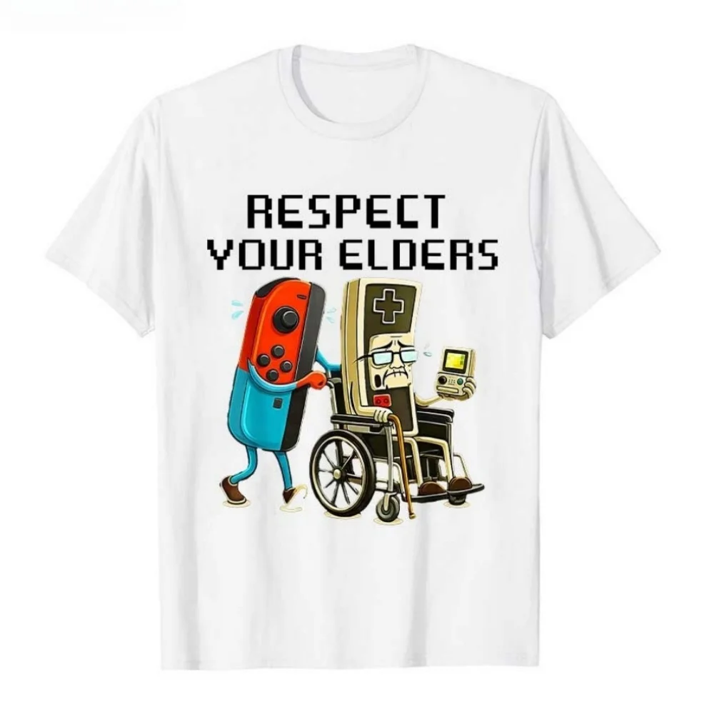 2026 Respect Your Elders Gaming Control Retro Funny Gamer T-Shirt for Men Funny Robot Graphic T Shirts Short Sleeve Men Tee Tops