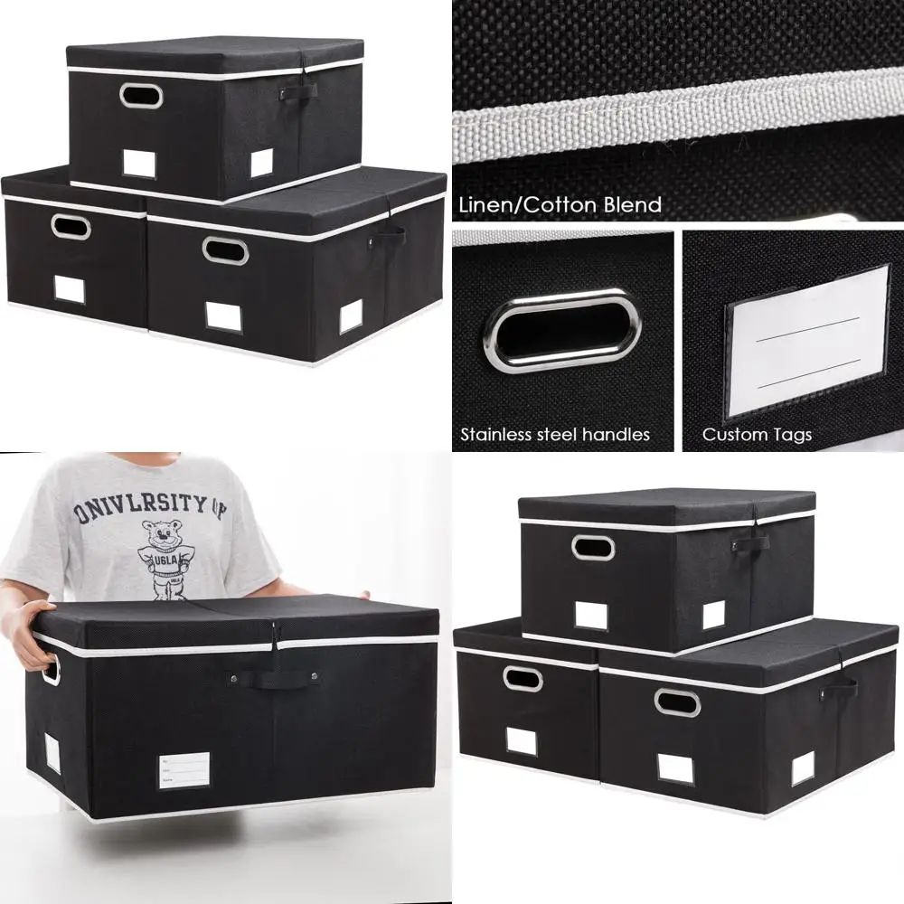 

Складные тканевые ящики для хранения с крышками — 3 шт., органайзеры для кубов для дома, спальни, шкафа, офиса, детской комнаты — черные (23,4x15