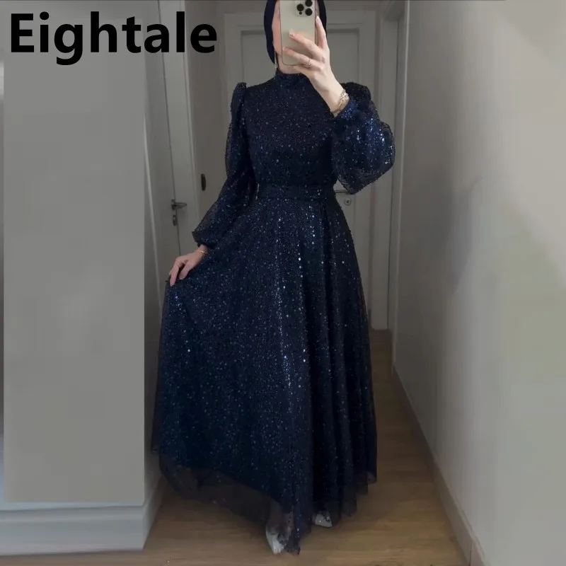 

Eightale 2025 Navy Blue Sequins High Neck A Line Long Sleeve Arabic Prom Dress Evening Dress Formal Party Gown Robes De Soirée