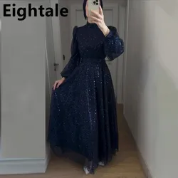 Eightale 2025 Navy Blue Sequins High Neck A Line Long Sleeve Arabic Prom Dress Evening Dress Formal Party Gown Robes De Soirée