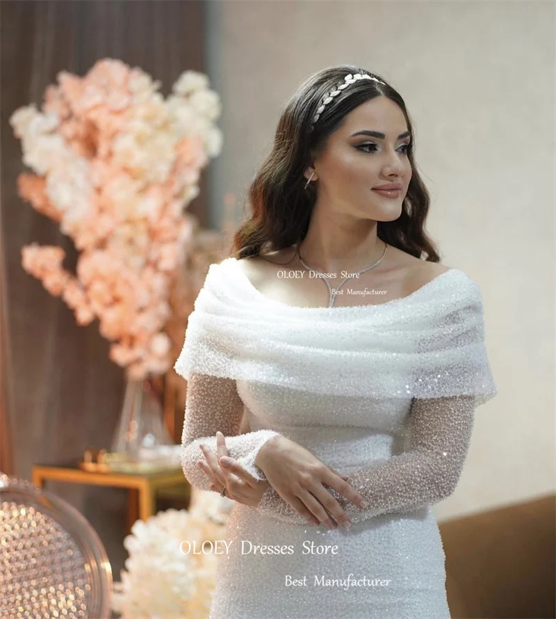 OLOEY Glitter Mermaid Wedding Dresses Long Sleeves Scoop Neck Sparkly Dubai Arabic Women Bridal Gowns Formal Party Dress