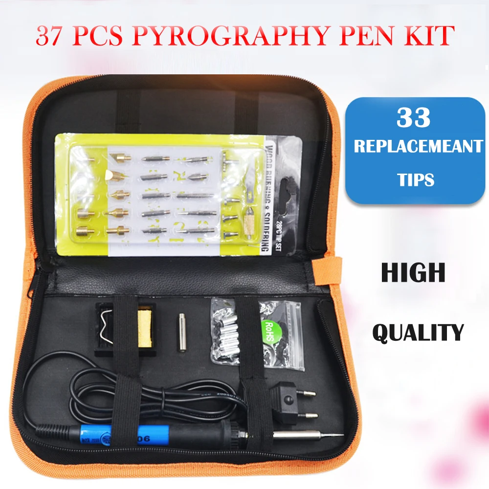 37* Durable 60W Wood Burning Kit Set Electric Soldering Iron Wood Burning Embossing Pen Carving Pyrography Tool Accessories