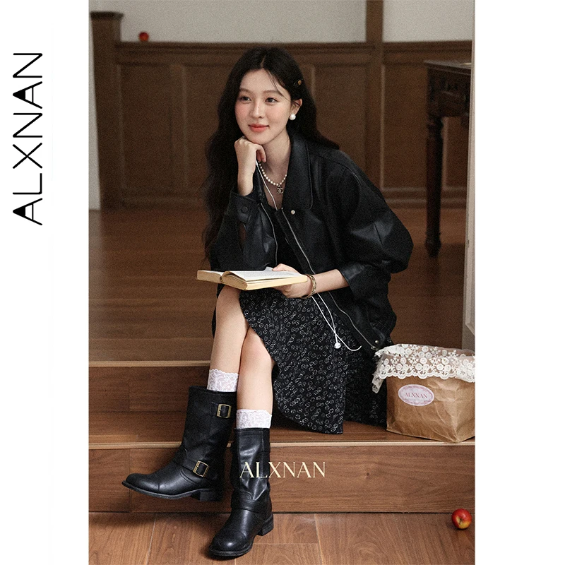 ALXNAN chaqueta de cuero negro con cremallera y dobladillo elástico tela impermeable otoño 2025 nuevo abrigo de mujer con solapa versátil L57115