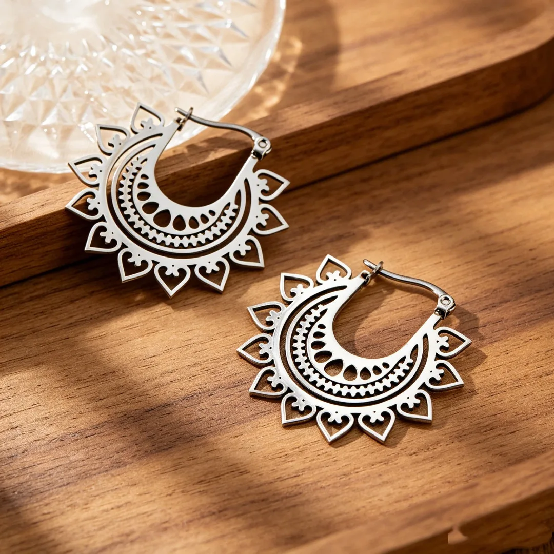 Bohemian Hollow Circular Gold Color Earrings For Women Metal Jewelry 2026 Trending New Fashion Carved Ethnic Earrings A93
