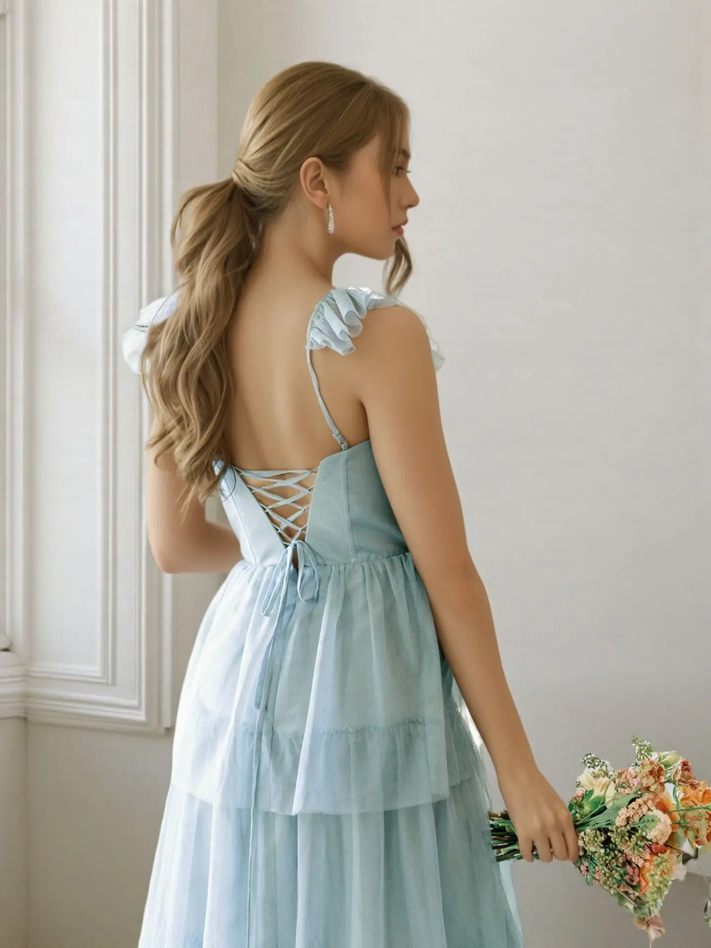 Vestido De fiesta elegante personalizado con tirantes finos De tul en capas vestido De fiesta De graduación sin espalda con cordones y abertura lateral Vestidos De Noche