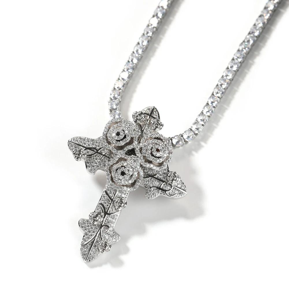 TBTK Rose Flowers Cross Pendant Iced Out AAAAA+ Bling Cubic Zirconia Necklace For Women Charm Hiphop Punk Jewelry