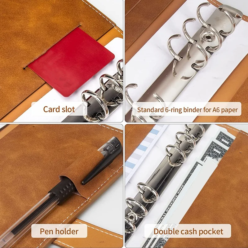 PU Leather Notebook Binder Set com Zipper Bags, Cover Organizer para Orçamento, 6 Ring, Binders Orçamento, A6, 28Pcs