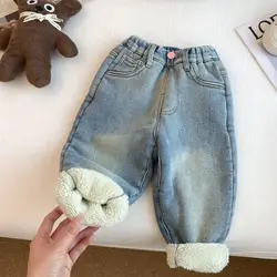 Kids Jeans Rabbit Embroidered Winter Fleece and Thickened Jeans for Girls Boys Pants Blue Jeans Girls Pants