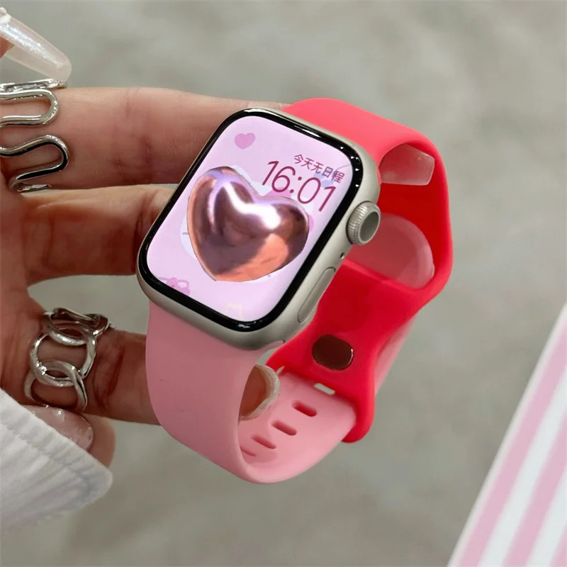 Korea Śliczny silikonowy dwukolorowy pasek do zegarka Apple Watch Ultra2 49 mm 45 mm 44 41 42 38 Correa Band do zegarka Iwatch Series 9 8 SE 7 6