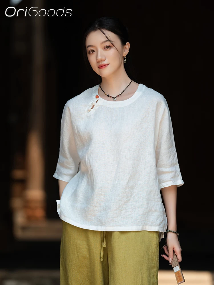 

OriGoods Summer Linen Blouse 2025 New Short Sleeve Beige White 100% Linen Shirt Women Chinese Style Loose Summer Tops Linen C124