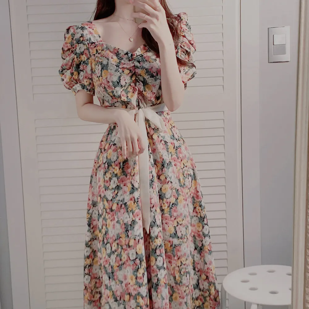 Women Bohemian Floral Printed Knee-length Dress I DOU Elegant Summer V Neck Short Sleeve Sundress Casual Holiday Chiffon Dress