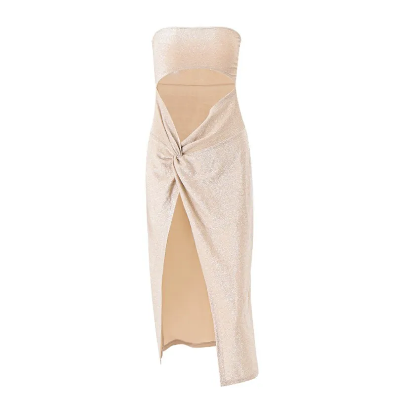 แฟชั่นฤดูใบไม้ผลิฤดูร้อนผู้หญิงเซ็กซี่ตัด Hollow Out Strapless Dress Office Lady High Slit กระโปรงสาวของขวัญ Party Dr290