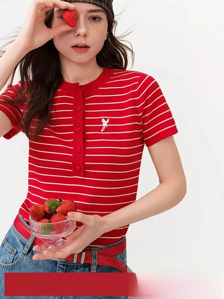 

Slim Fit Knitted Stripe Henry Shirt Short Sleeve T-Shirt Women's Fashion Retro Style Soft Viscose Polyester Blend Summer New ...