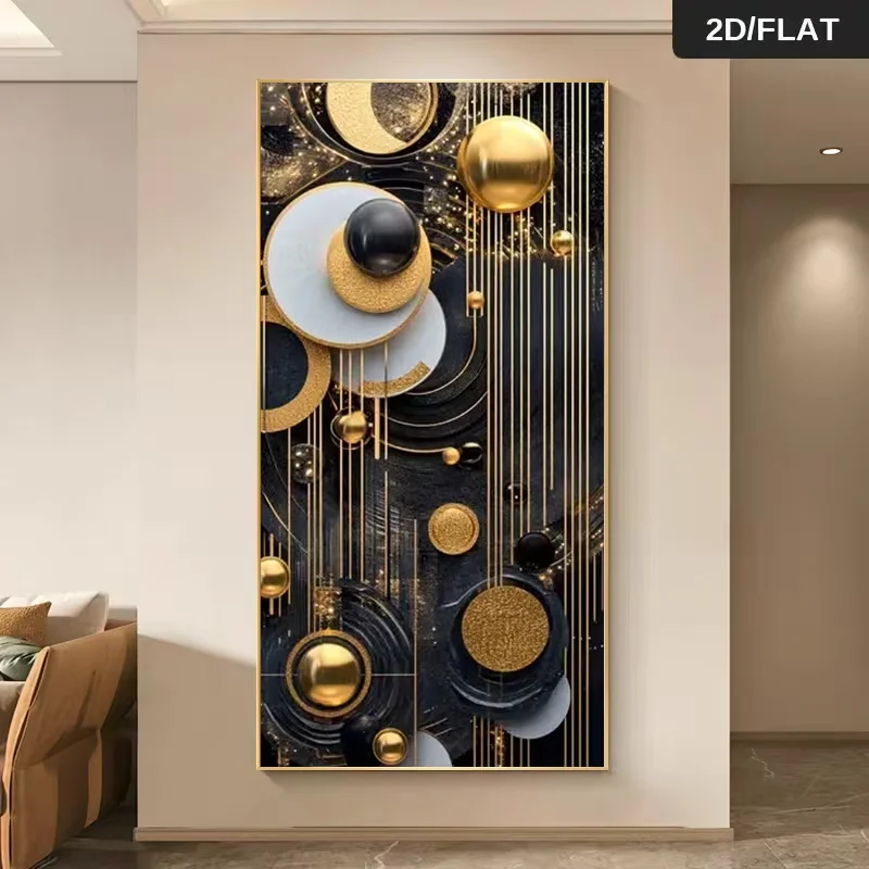 2D Flach, 2D Flach, Großformatiger Leinwand-Wandkunstdruck, Moderner Abstrakter Goldener Kreis und Linien Leinwandkunstdruck, Wanddekoration, Geeignet