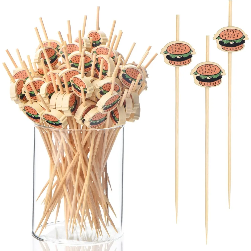 100PCS Hamburger Toothpicks Cocktail Picks Sticks Sandwiches Appetizers Cakes Dessert Drinks Fruit for Party Decoration Tools