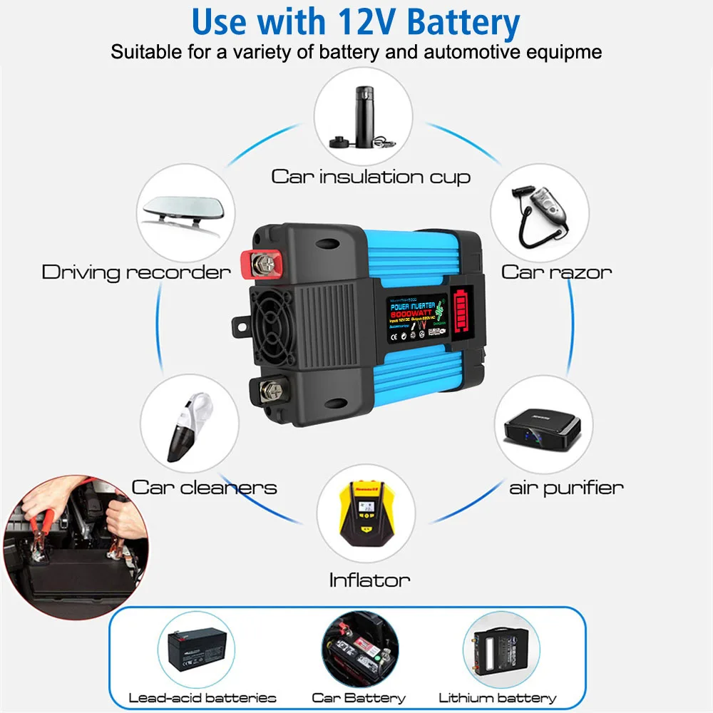 Vehicle-mounted Household Converter Power inverter Car Invertor Universal DC 12v To 220V Peak power 6000W 500W