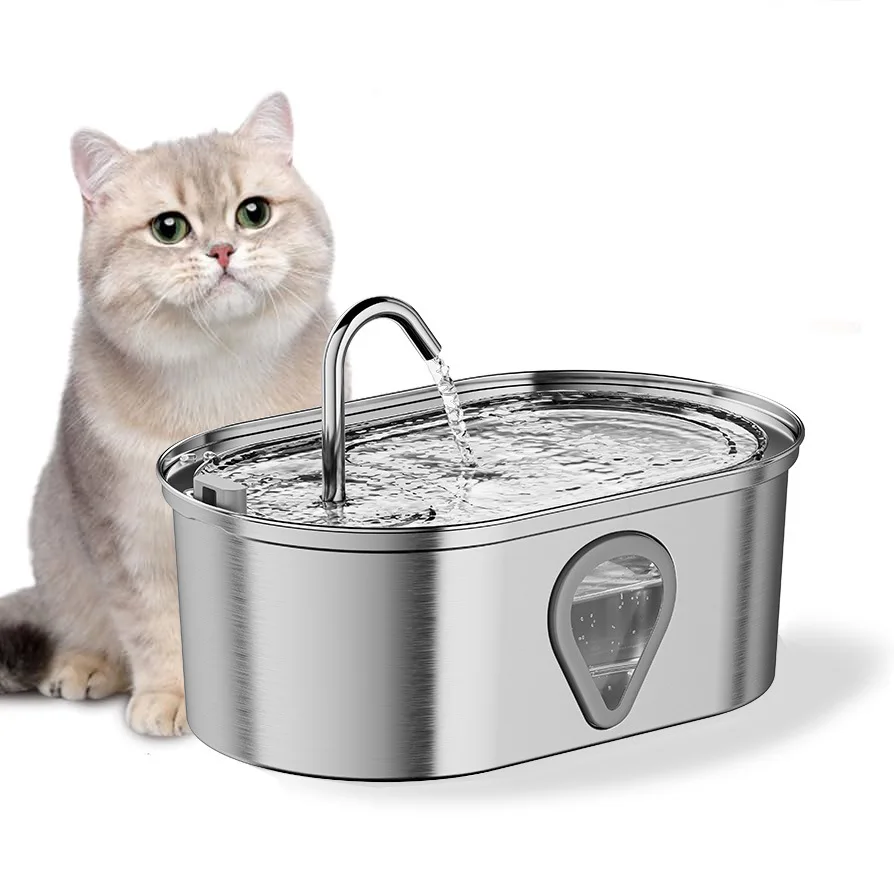 

3.5L Stainless Steel Cat Water Fountain with Water Level Window Pet Fountain Cat Dog Water Dispenser for Multiple Cats Fountain