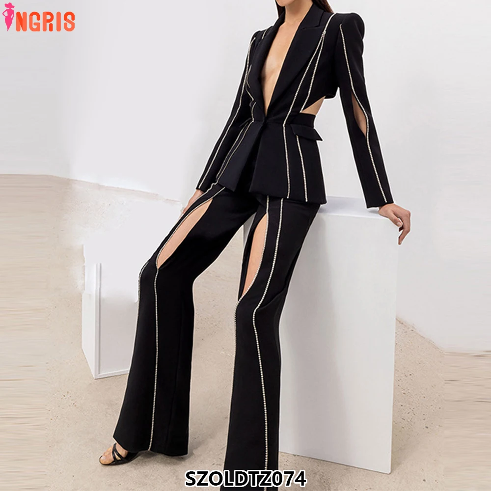 

Hot Sale Women Fashion Two Piece Suit Ladies Luxury Long Sleeve Hole Backless Crystal Black Suit Jacket Pants-SZOLDTZ074