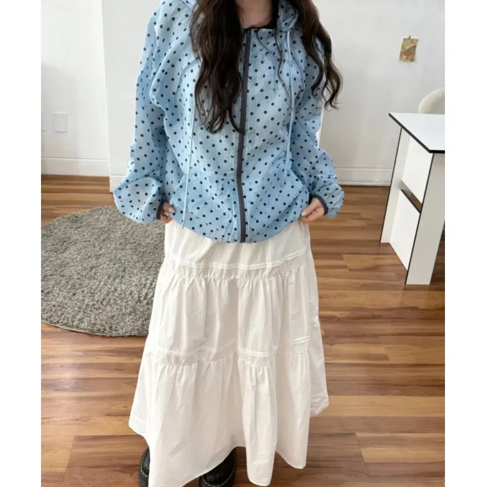 Cute Polka Dot Transparent Light Coolness Sensation Women's Short Coat with Hat Summer Autumn Season Daily Wear Polyester Fiber