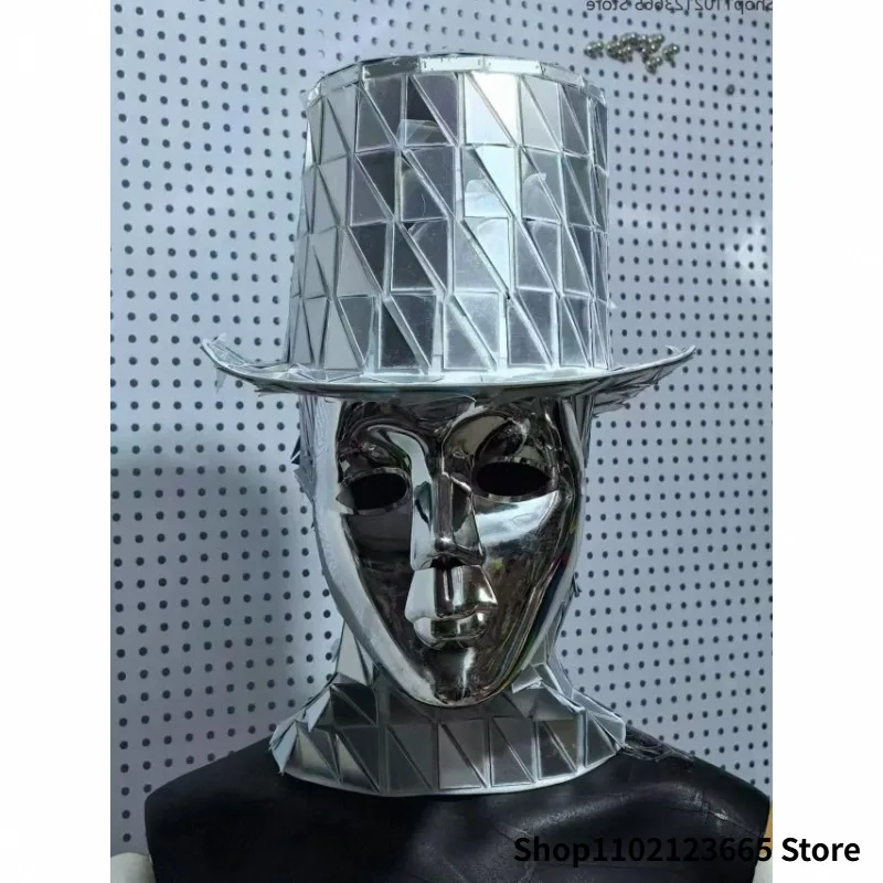 Silver Mirror Hat Mask Bar Props Performance Hat Cosplay Party Stage Mirror Man Dance Light Robot Role Play Costume Accessories