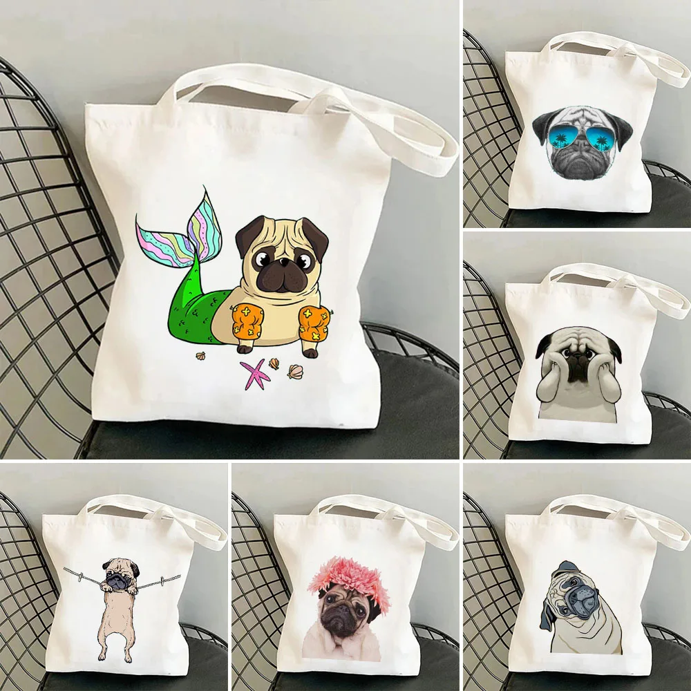 parodia lindo cachorro carlino perro Kawaii Animal mujer bolso de lona de hombro Harajuku Shopper moda Casual verano Tote Shopper Bags