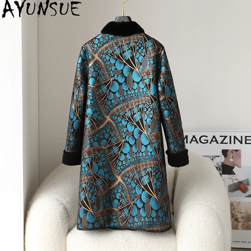 AYUNSUE 100% Wool Fur Coat Women Clothes Winter Jacket Warm Mink Fur Collar Mid-length Sheep Shearling Coats Woman 2025 Printed