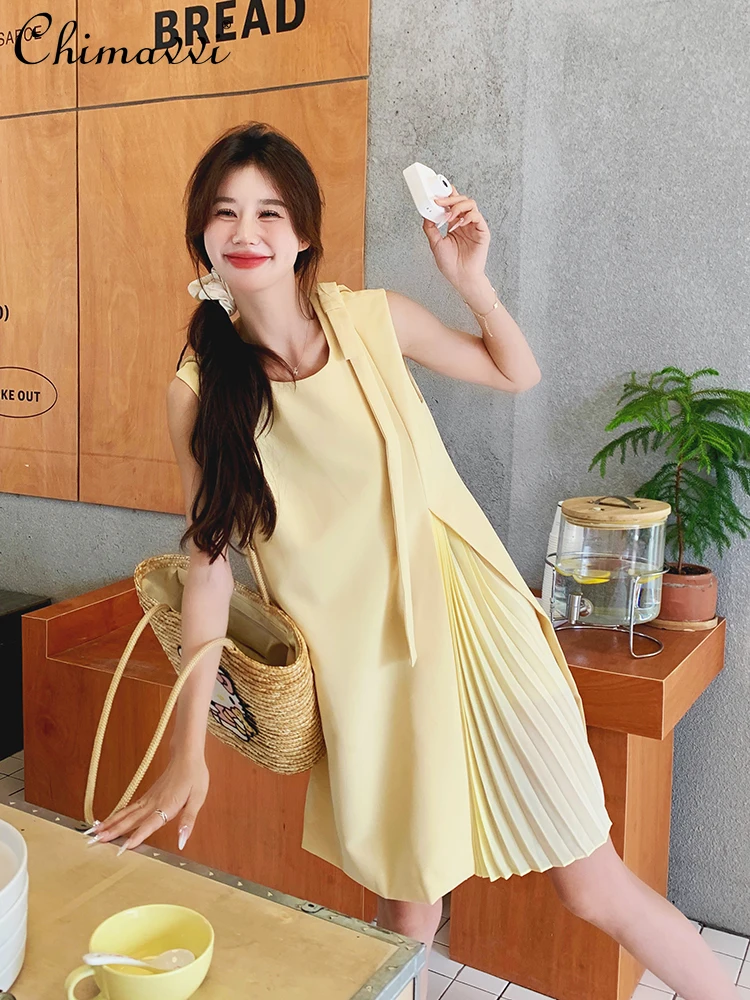 

Fashion Yellow Sleeveless Dress Women's 2024 Summer New Korean Style Design Round Neck Loose Elegant Above Knee Pleated Dress