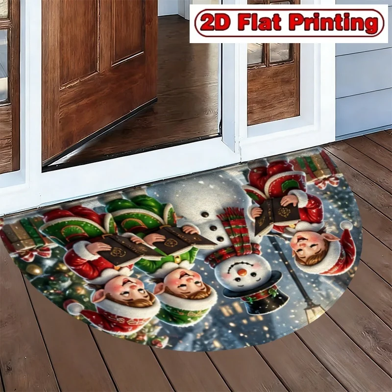 Christmas Snowman Elf Half Round Doormat, Winter Holiday Printed Entry Mat, Front Door Home Decor