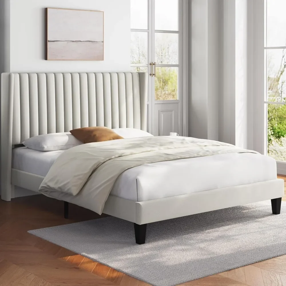 Queen Bed Frame Upholstered Platform Bed with Fabric Headboard, Wing Edge Design/Non-Slip and Noise-Free/Wooden Slats Support