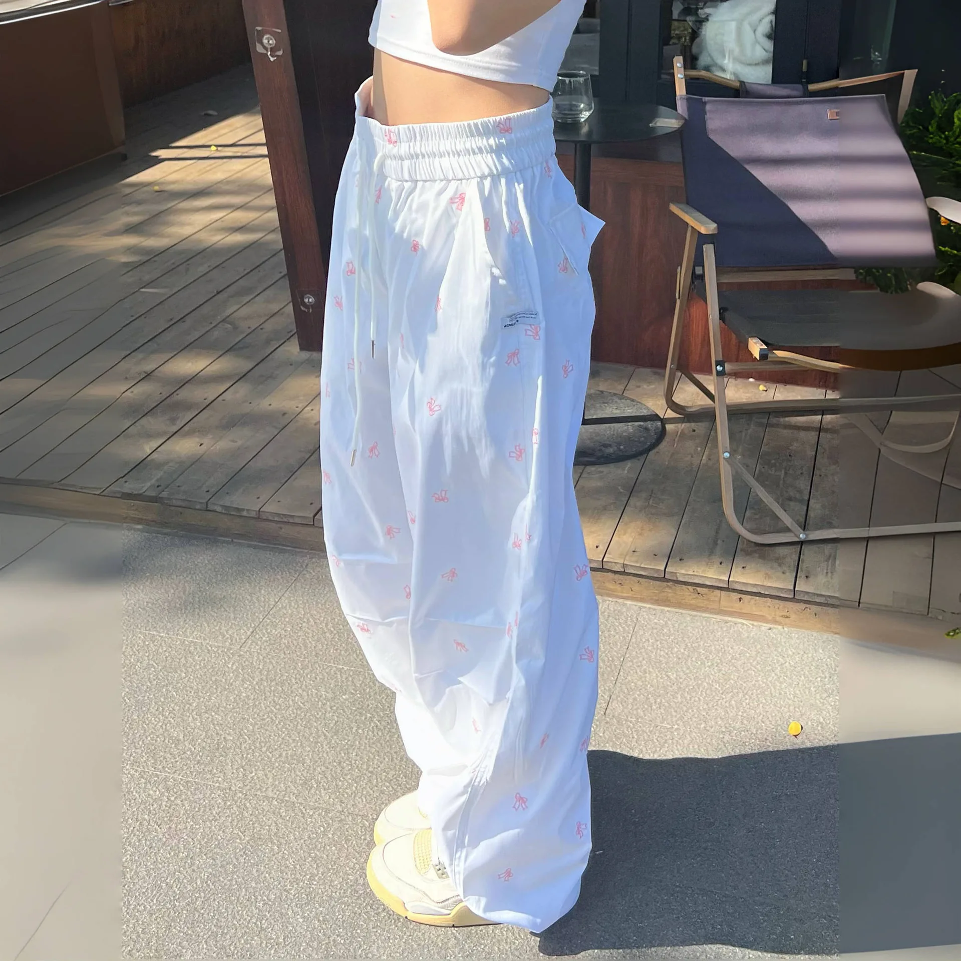 

Wide leg pants with bow tie embroidery for women, casual pants, full length, Spring, Summer, Autumn, 2024