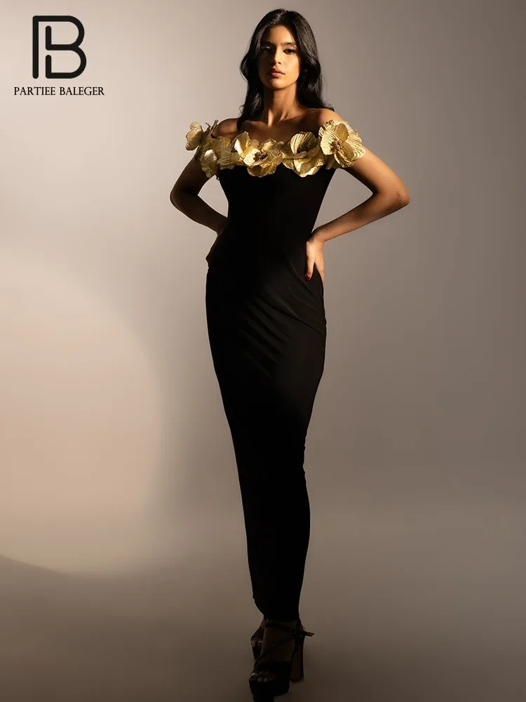 

PB Elegant Black Off-Shoulder Bodycon Bandage Long Dress with Golden Floral Embellishments For Formal Galas & Nightclub Party
